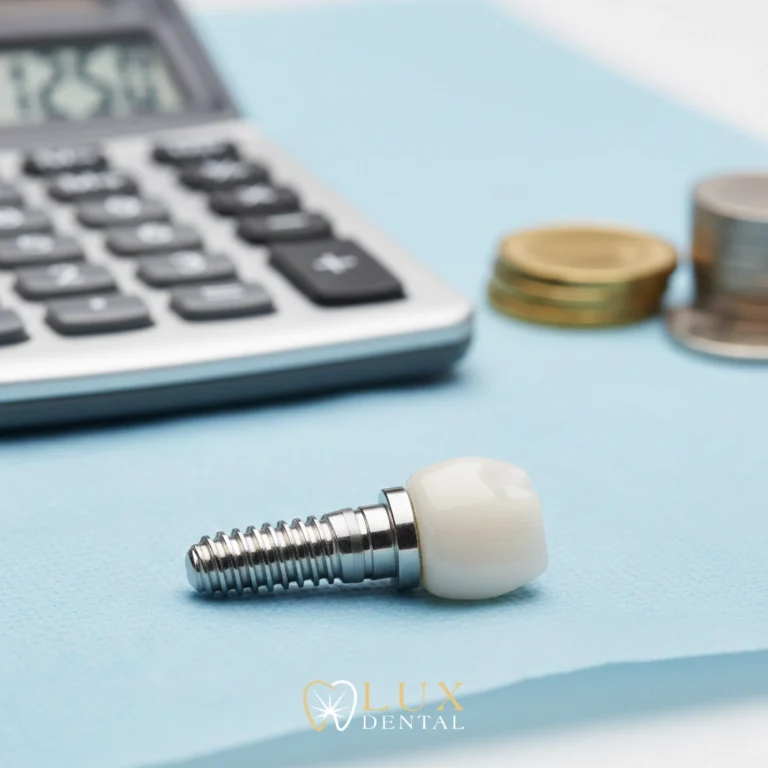 Implante dental de titanio y corona sobre mesa clínica, representando el precio y costos de tratamiento en Santiago de Chile.