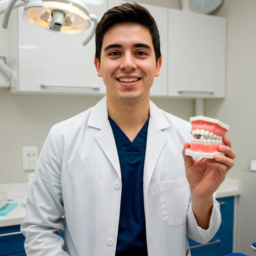 Dentista en clínica dental en Santiago mostrando modelo de prótesis dental